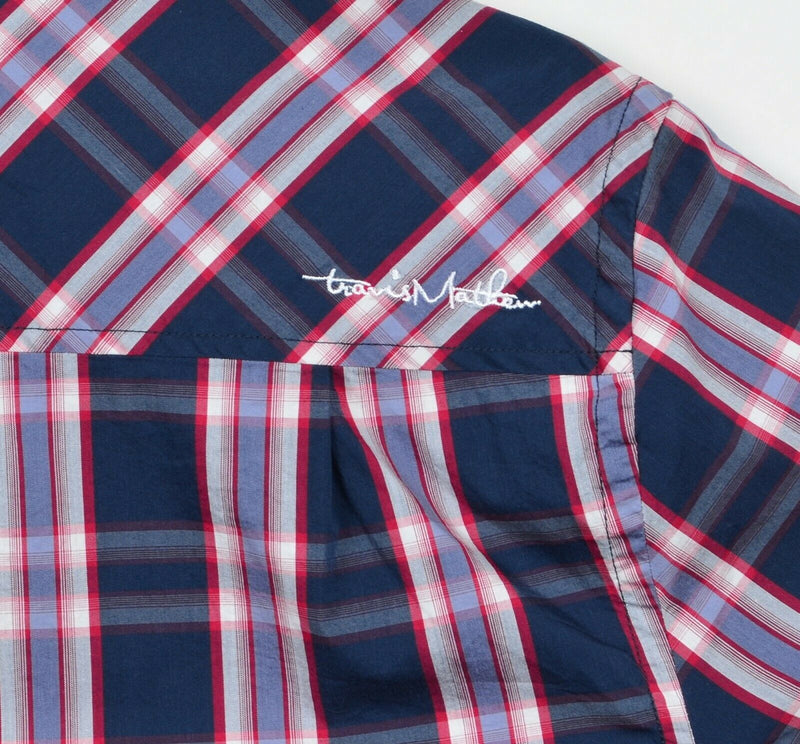 Travis Mathew Men's Sz Medium Snap-Front Red Blue Plaid Cotton Nylon Blend Shirt
