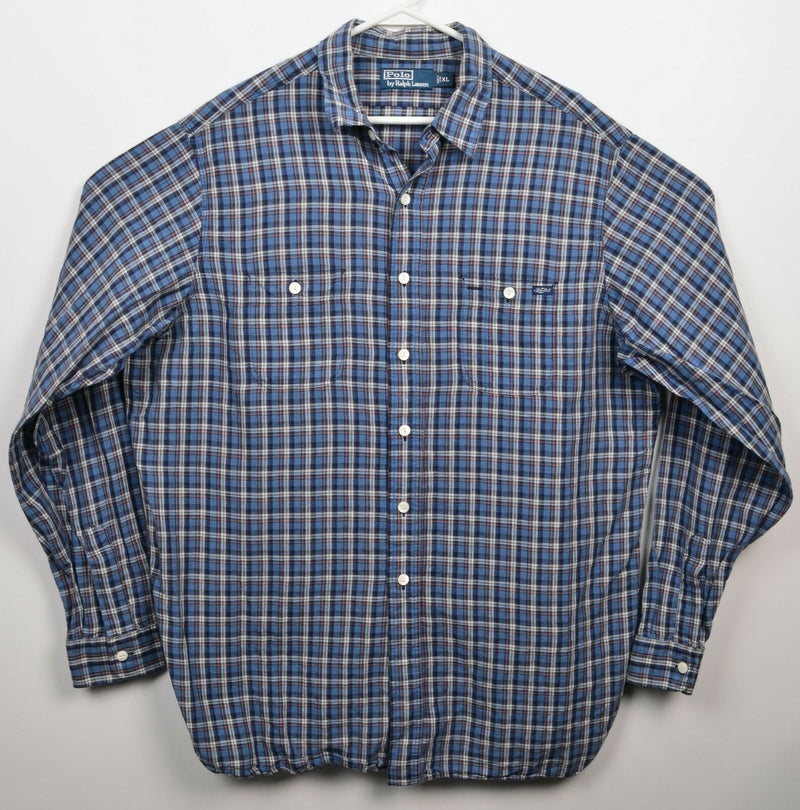 Polo Ralph Lauren Men's XL Linen Cotton Blend Blue Plaid Button-Front Shirt