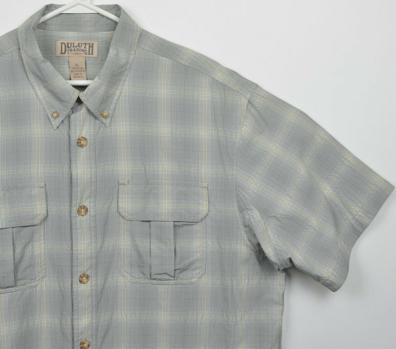 Duluth Trading Co. Men's XL Gray Yellow Plaid Fishing Travel Button-Front Shirt