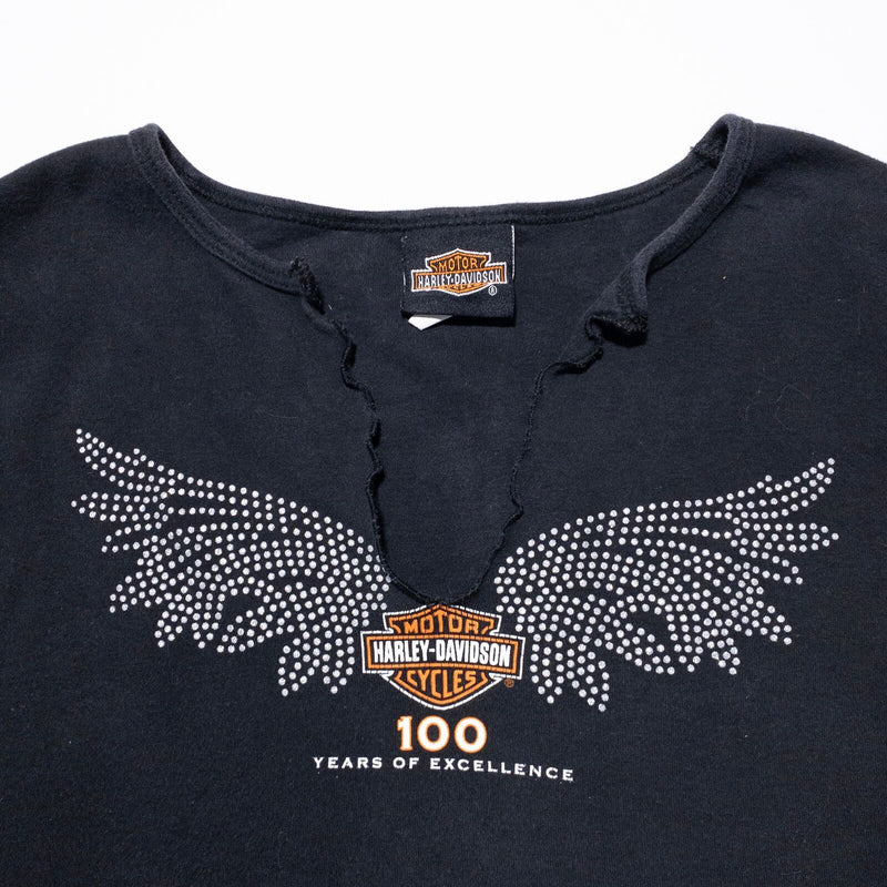 Y2K Harley-Davidson T-Shirt Women's 2XL V-Neck Cut Rhinestone 100th Anniversary