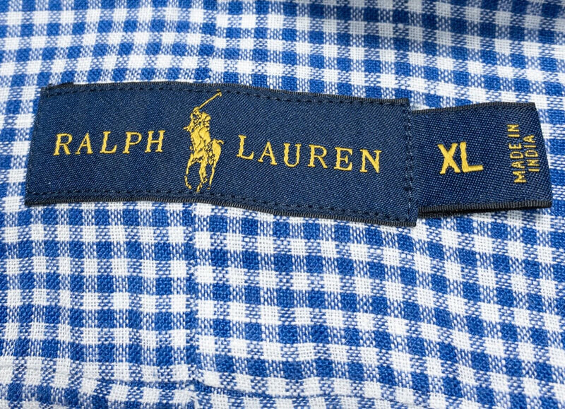 Polo Ralph Lauren Linen Shirt XL Men's Long Sleeve Blue White Check Button-Down