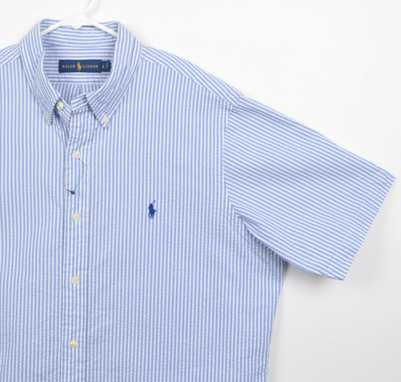 Polo Ralph Lauren Men's Sz Large Seersucker Blue White Striped Button-Down Shirt