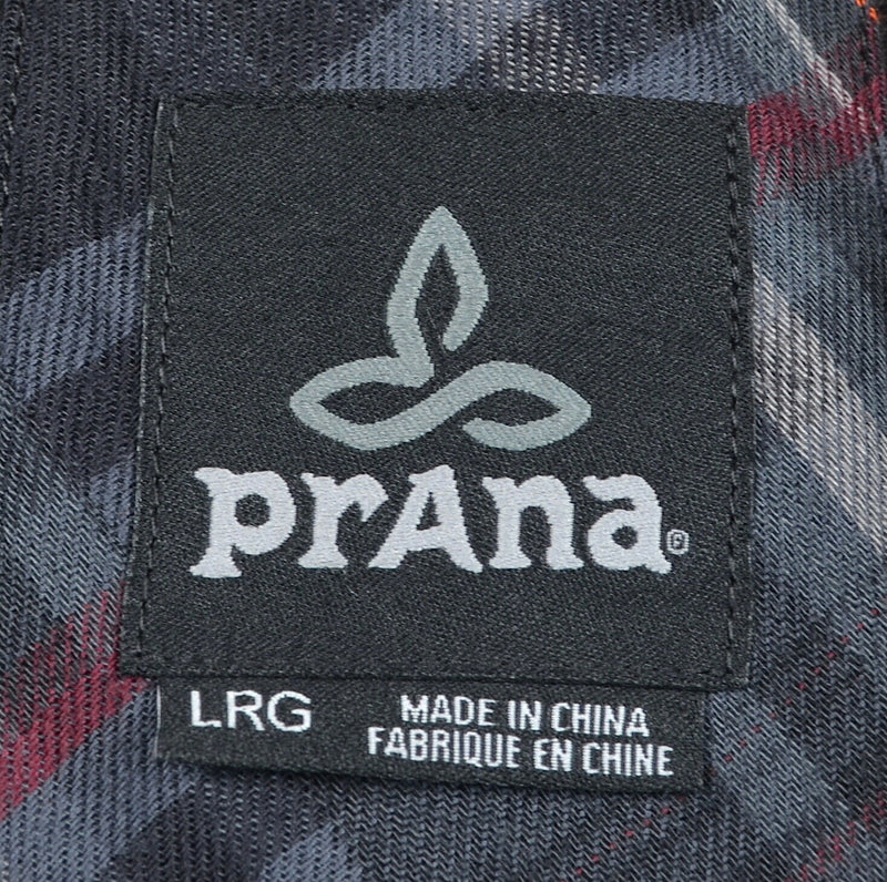 Prana Men's Sz Large Polyester Wool Blend Gray Black Red Plaid Flannel Shirt