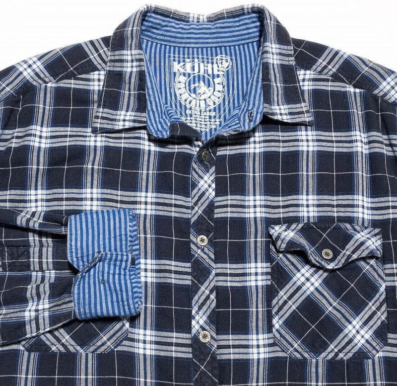 Kuhl Flannel Shirt Men's XL Navy Blue Plaid Flip Cuff Long Sleeve Button-Front