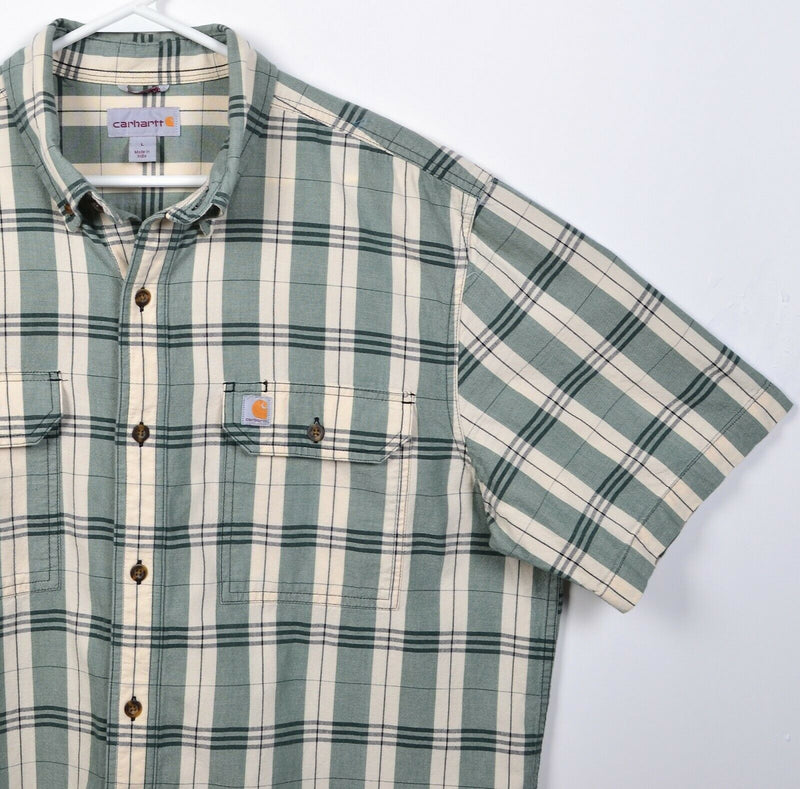Carhartt Men's Large Green Beige Plaid Logo Casual Work Button-Down Shirt 104175