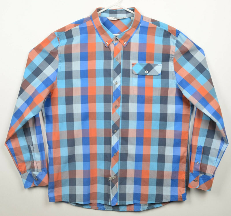Travis Mathew Men's 2XL Orange Blue Check Cotton Poly Blend Button-Down Shirt