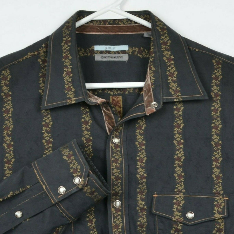 Johnston & Murphy Men's XL Slim Fit Pearl Snap Black Floral Western Shirt