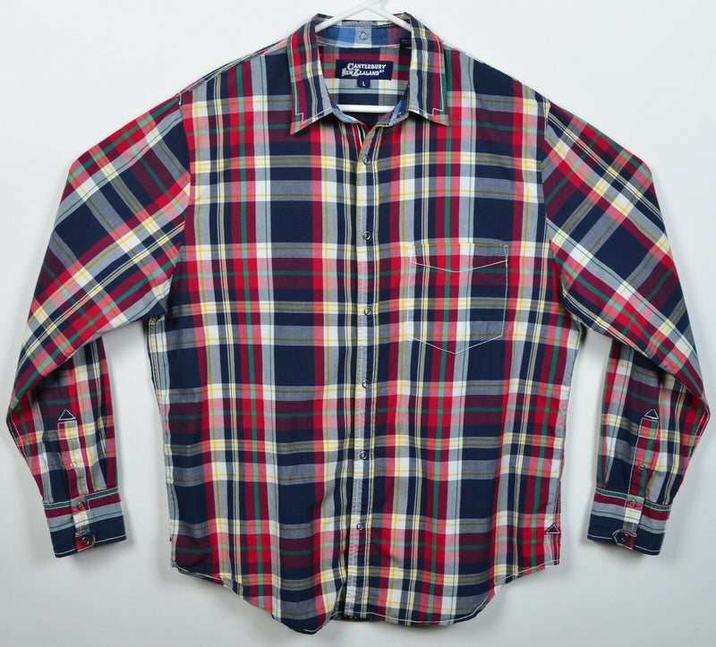 Canterbury New Zealand Men's Large Snap-Front Multi-Color Navy Red Plaid Shirt