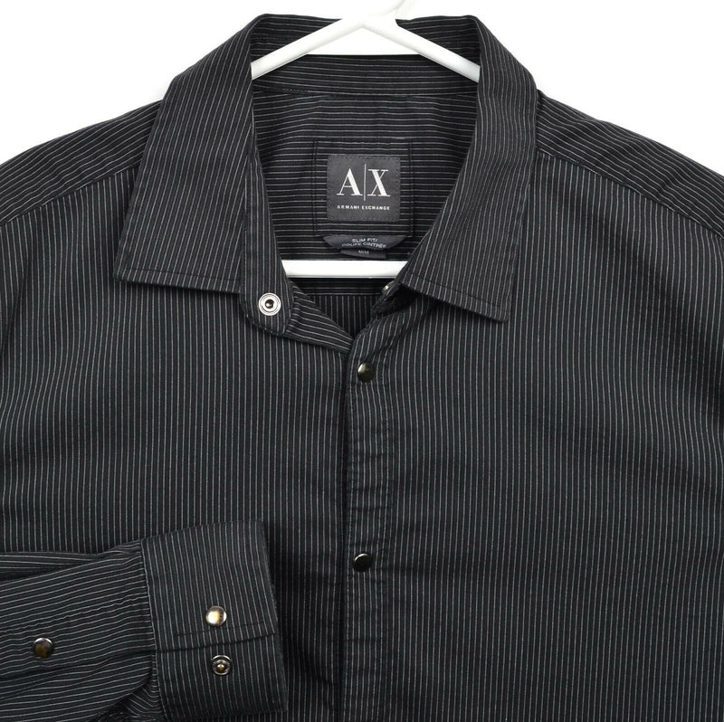 Armani Exchange Men's Medium Snap-Front Black Striped Cotton Nylon Blend Shirt