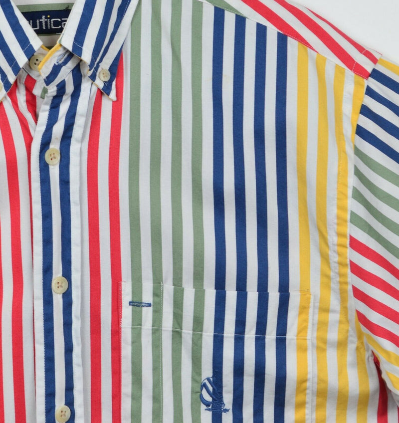 Vtg 90s Nautica Men's Sz Small Colorblock Red Yellow Striped Button-Down Shirt