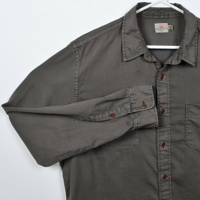 Faherty Brand Men's XL Olive Green/Brown Cotton Tencel Blend Button-Front Shirt