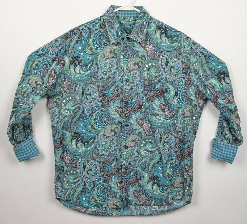 Alan Flusser Men's Large Flip Cuff Paisley Green Blue Button-Front Shirt