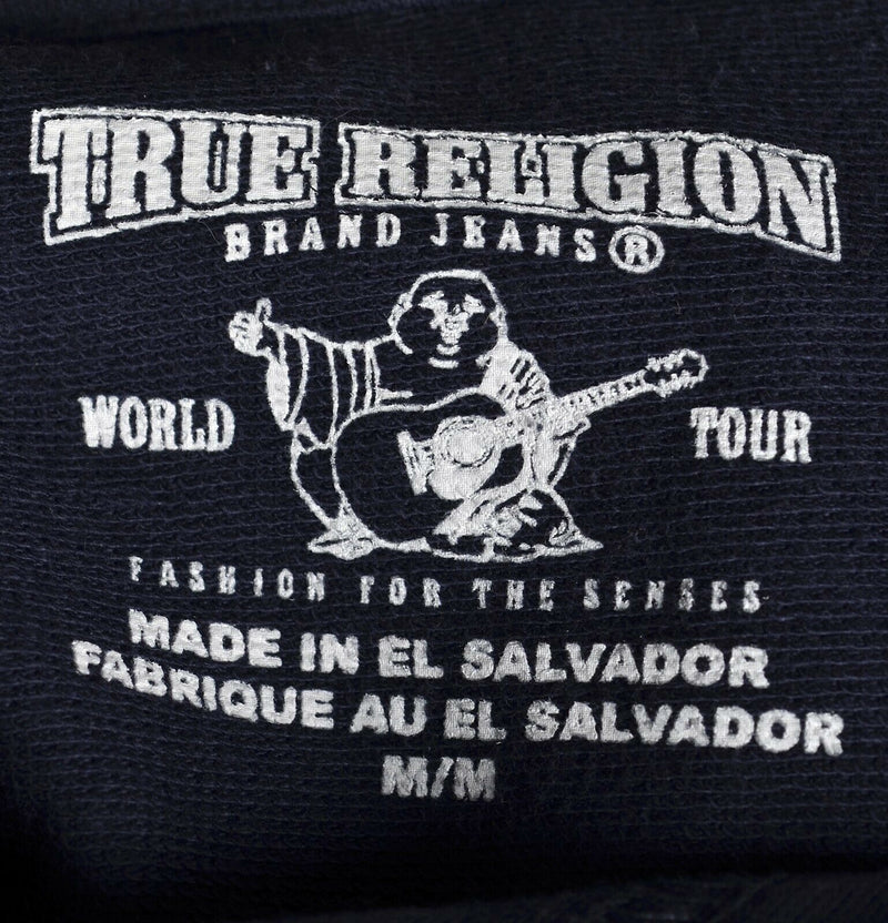 True Religion Men's Sz Medium Football Henley Hooded Cream/Navy Blue Sweatshirt