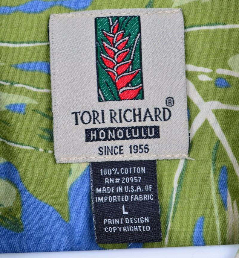 Tori Richard Men's Large Floral Palm Blue Cotton Hawaiian USA Aloha Shirt