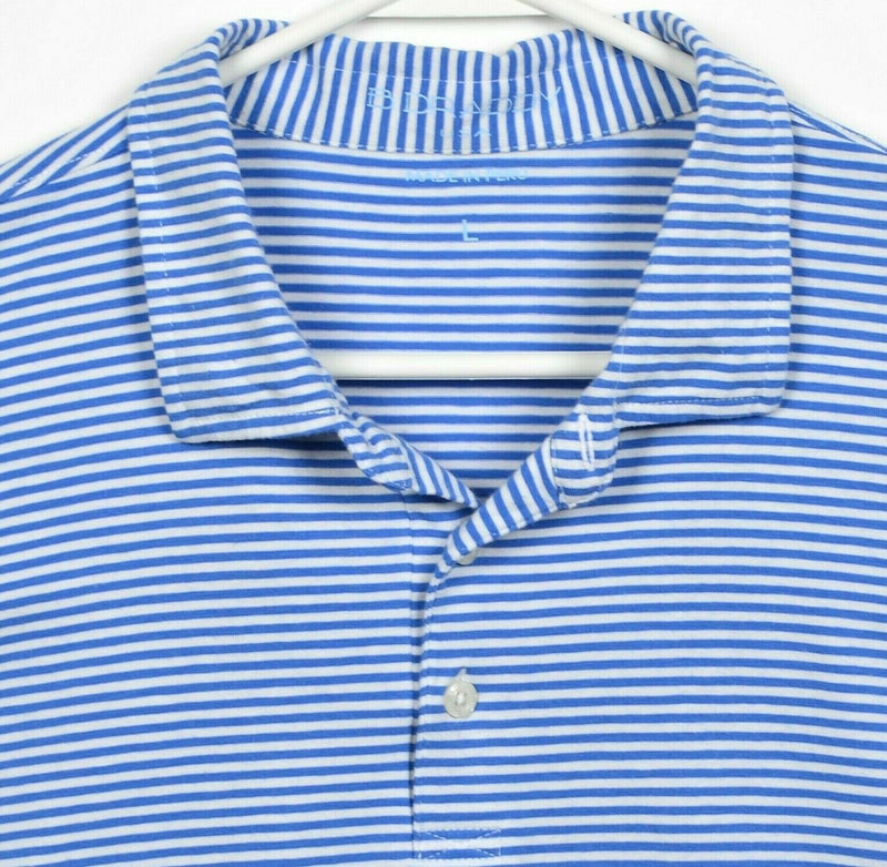 B. Draddy Men's Large Blue White Striped Pima Cotton Spandex Golf Polo Shirt