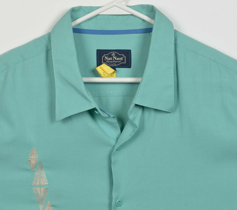 Nat Nast Men's XL Silk Green Geometric Embroidered Hawaiian Bowling Retro Shirt