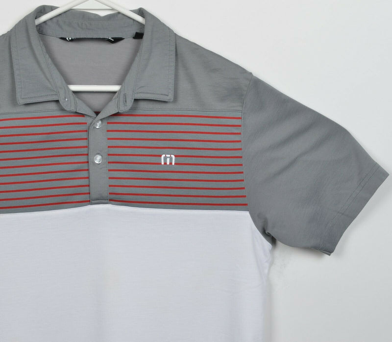 Travis Mathew Men's Medium Gray White Red Striped Wicking Golf Polo Shirt