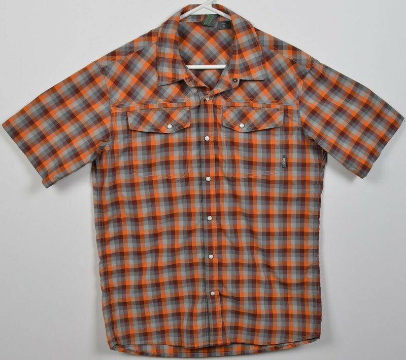 Stio Men's Small Pearl Snap Orange Gray Check Nylon Wicking Western Shirt
