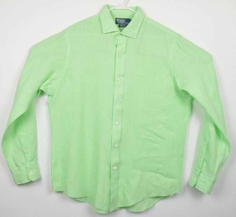 Polo Ralph Lauren Men's Large Resort Linen Solid Lime Green Button-Front Shirt