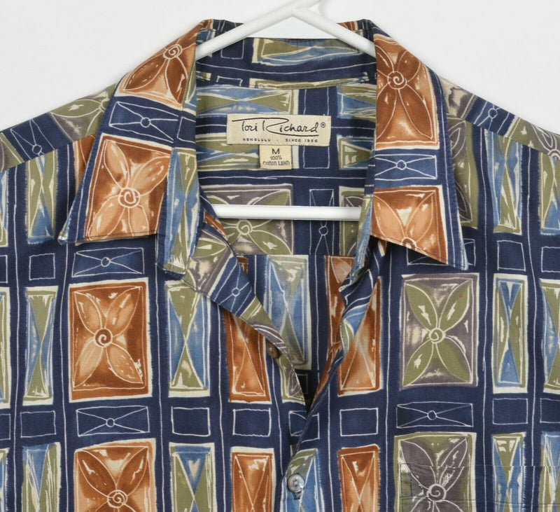 Tori Richard Men's Medium Floral Geometric Navy Green Cotton Lawn Hawaiian Shirt