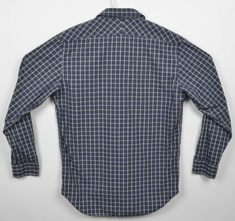 Billy Reid Men's Large Standard Cut Navy Blue Gray Check Spread Collar Shirt
