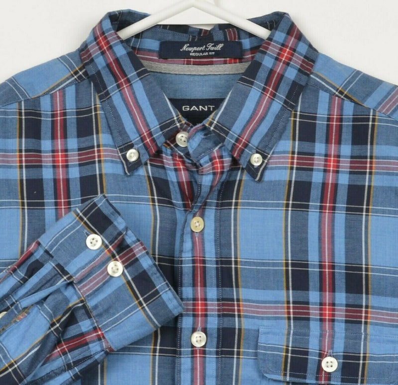 GANT Men's Medium Regular Fit Newport Twill Blue Red Plaid Button-Down Shirt