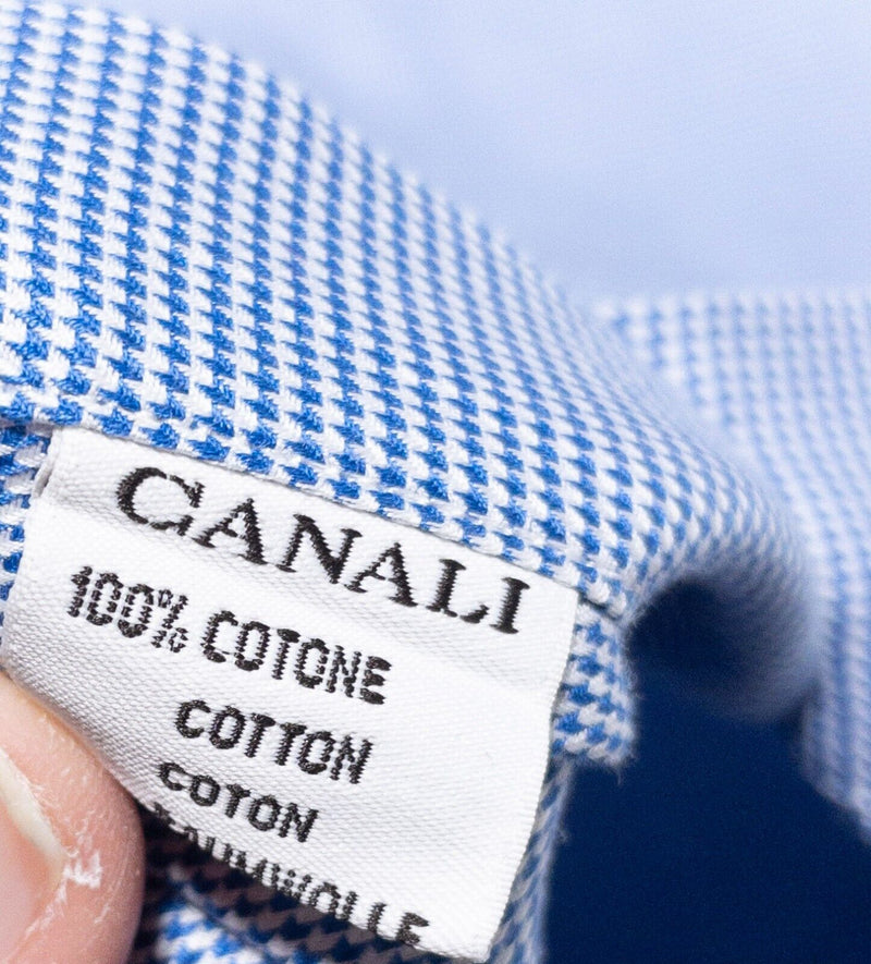 Canali Dress Shirt Men's 15/38 Houndstooth Blue Plaid Long Sleeve Italy Designer