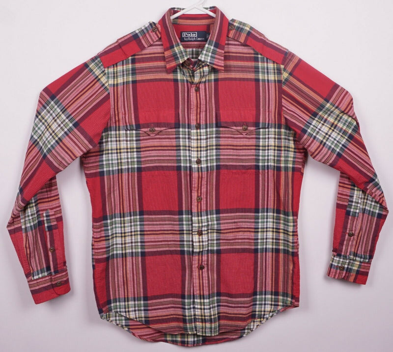 Polo Ralph Lauren Men's Medium Red Plaid Long Sleeve Military Safari Shirt
