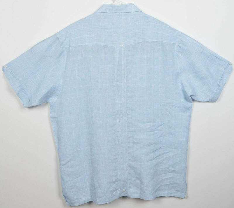 Bohio Men's XL Linen Cotton Blend Blue With Tiny Stripes Camp Shirt