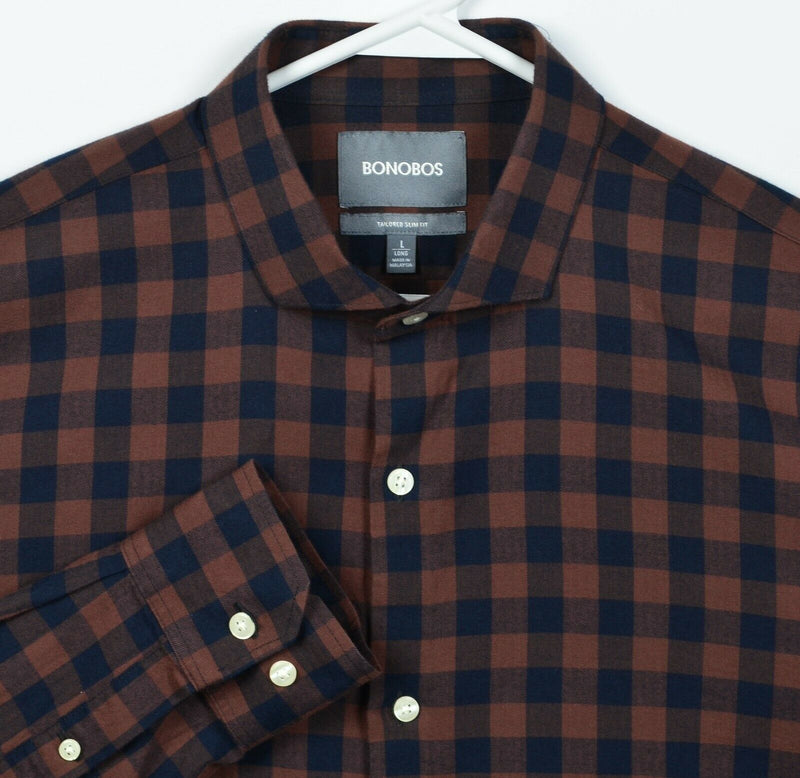 Bonobos Men Large Long Tailored Slim Brown Navy Buffalo Plaid Button-Front Shirt