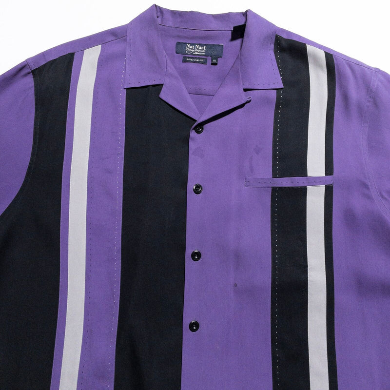 Nat Nast Silk Bowling Shirt Men's XL American Fit Panel Striped Purple Black