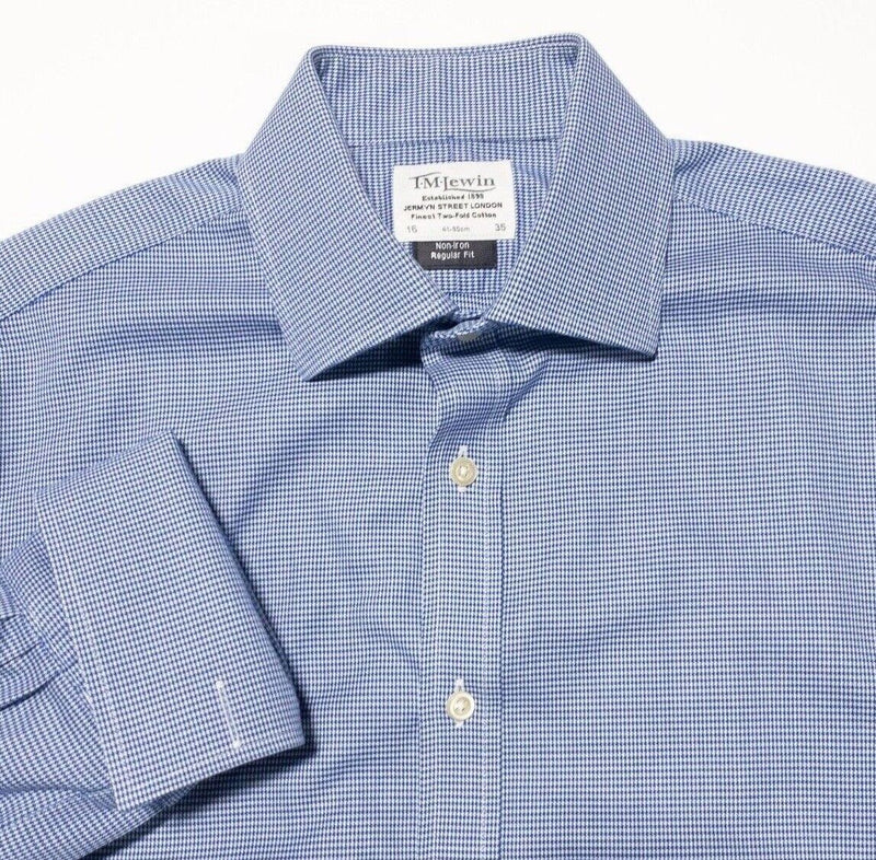 T.M. Lewin Shirt 16-35 Regular Fit Men's French Cuff Houndstooth Blue Non-Iron