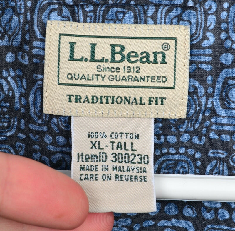 L.L. Bean Men's XLT (XL Tall) Tropics Print Navy Mayan Geometric Hawaiian Shirt