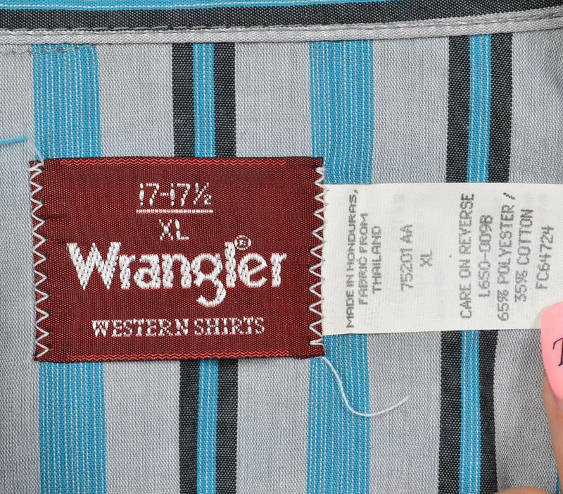 Vintage 90s Wrangler Men's XL Pearl Snap Blue Gray Striped Western Shirt