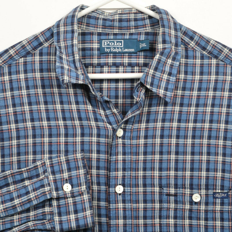 Polo Ralph Lauren Men's XL Linen Cotton Blend Blue Plaid Button-Front Shirt