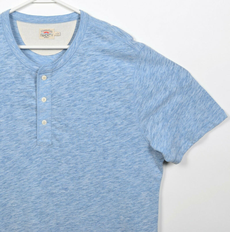 Faherty Brand Men's XL Heather Blue Henley Collar Cotton Polyester Blend Shirt
