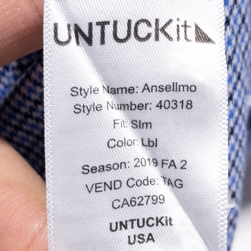 UNTUCKit Shirt Men's Medium Slim Fit Houndstooth Plaid Blue Button-Up Ansellmo