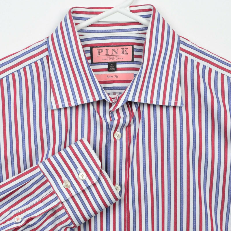 Thomas Pink Men's 17/43cm Slim Fit Red Blue Striped Button-Front Dress Shirt