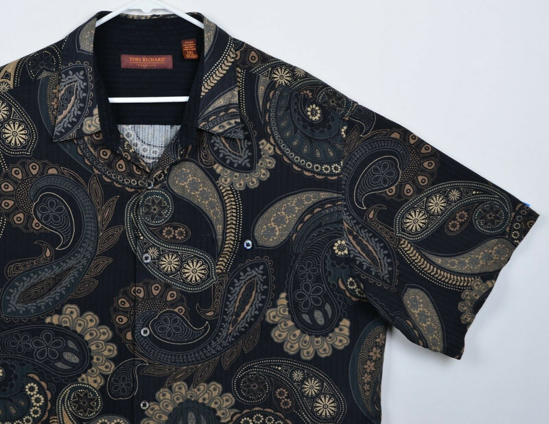 Tori Richard Men's Sz 2XL Silk Blend Paisley Black Tan Hawaiian Aloha Shirt