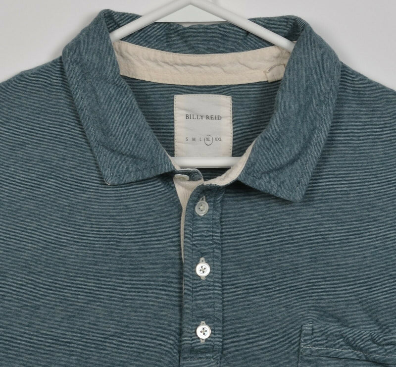Billy Reid Men's XL Green/Blue Striped Designer Short Sleeve Pocket Polo Shirt