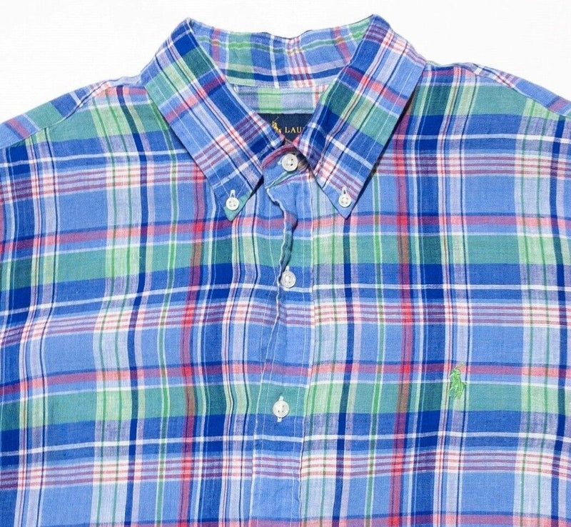 Polo Ralph Lauren Linen Shirt Large Men's Plaid Blue Colorful Button-Down