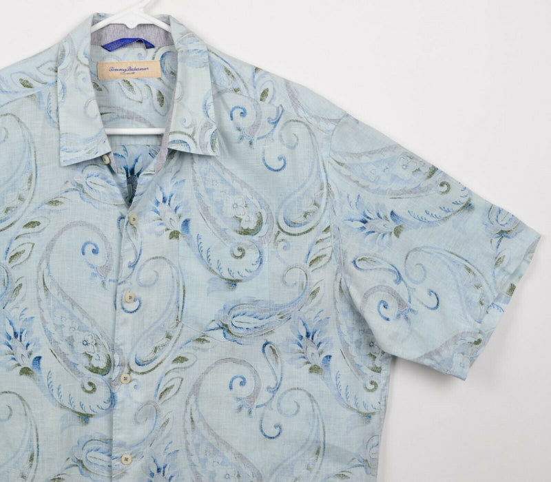 Tommy Bahama Men's Sz Medium 100% Linen Paisley Blue Swirl Aloha Hawaiian Shirt