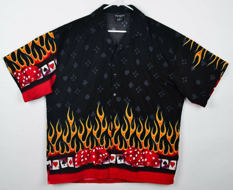 Ferugini Mens Sz XL Dice Flames High Roller Las Vegas Black Polyester Camp Shirt