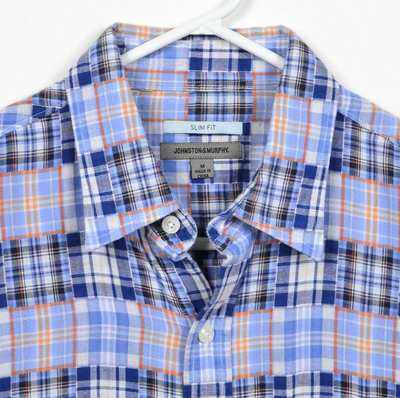 Johnston & Murphy Men's Medium Slim Fit Patchwork Blue Plaid Button-Front Shirt
