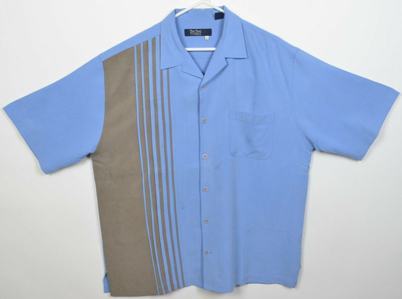 Nat Nast Men's XL 100% Silk Striped Ruffle Blue Brown Retro Bowling Camp Shirt