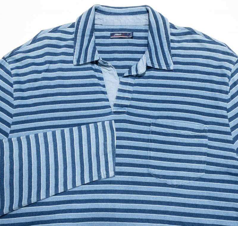 johnnie-O Long Sleeve Polo Medium Men's Shirt Indigo Blue Striped Surfer Logo