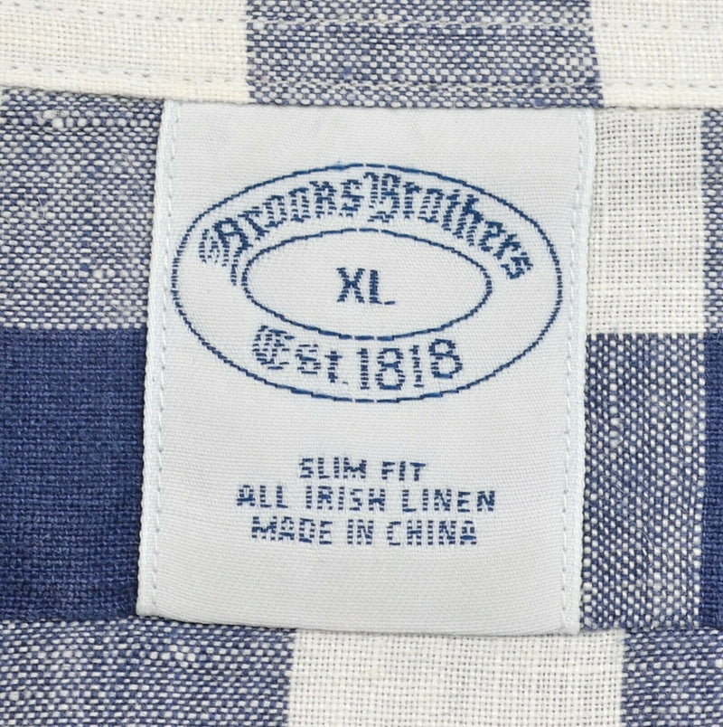 Brooks Brothers Men's Sz XL Slim Irish Linen Navy Blue White Plaid Check Shirt