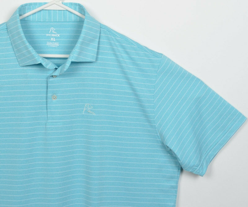 Rhoback Men's XL Aqua Blue Striped Dog Logo Polyester Wicking Golf Polo Shirt