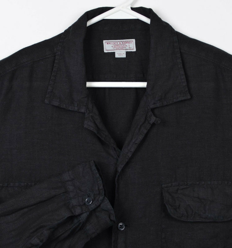 Wallace & Barnes Men's Large 100% Linen Solid Black Button-Front Camp Shirt