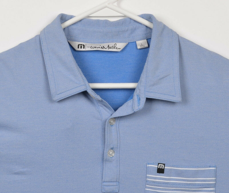 Travis Mathew Men's Large Striped Pocket Blue Cotton Poly Blend Golf Polo Shirt